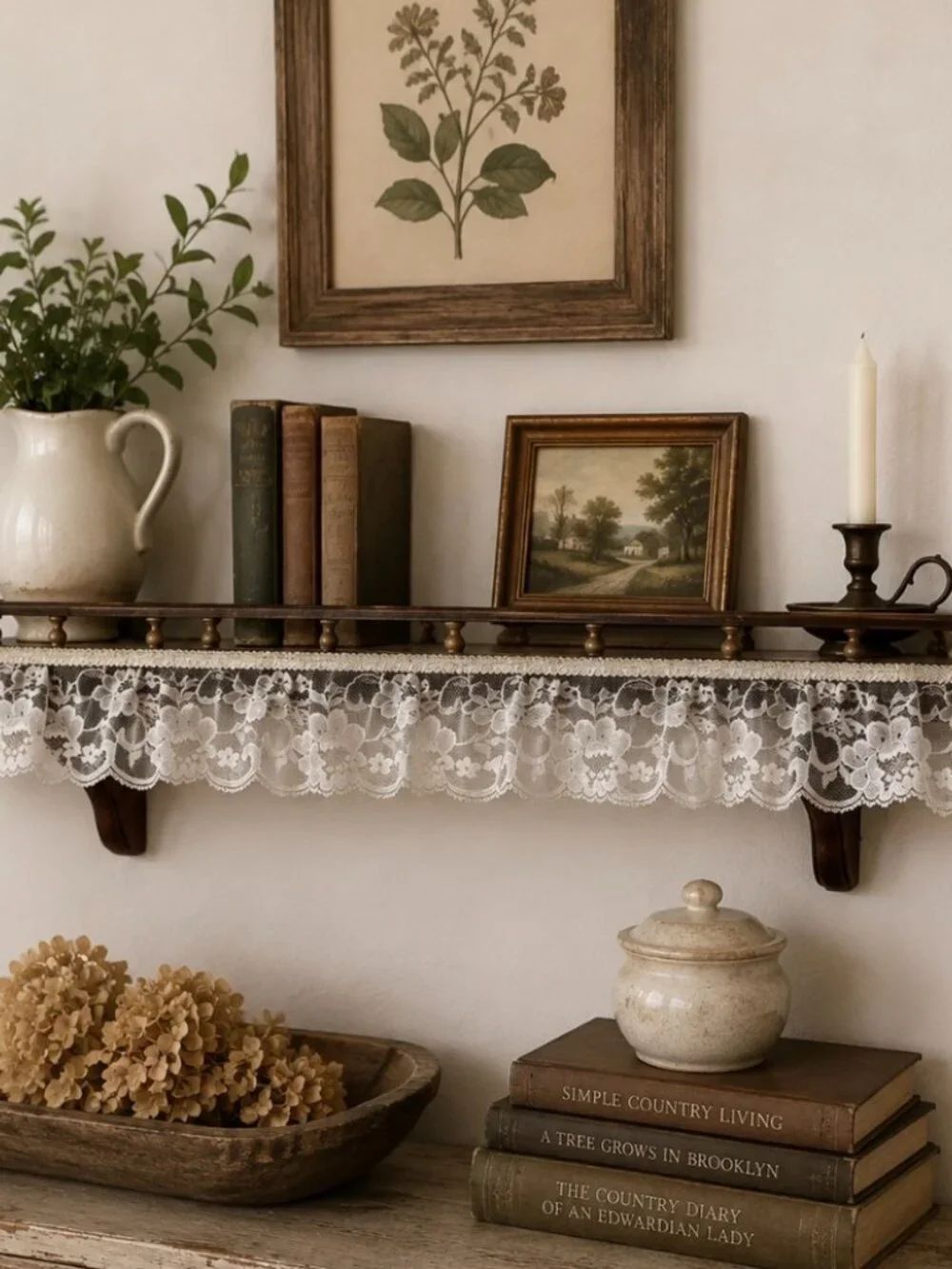 Vintage Farmhouse Wooden Wall Shelf with Lace Trim Cottage Chic Display Shelf